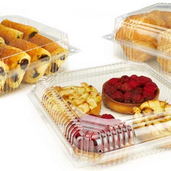 Rigid packaging for pastries and cakes made from PLA-Premium bioplastic.