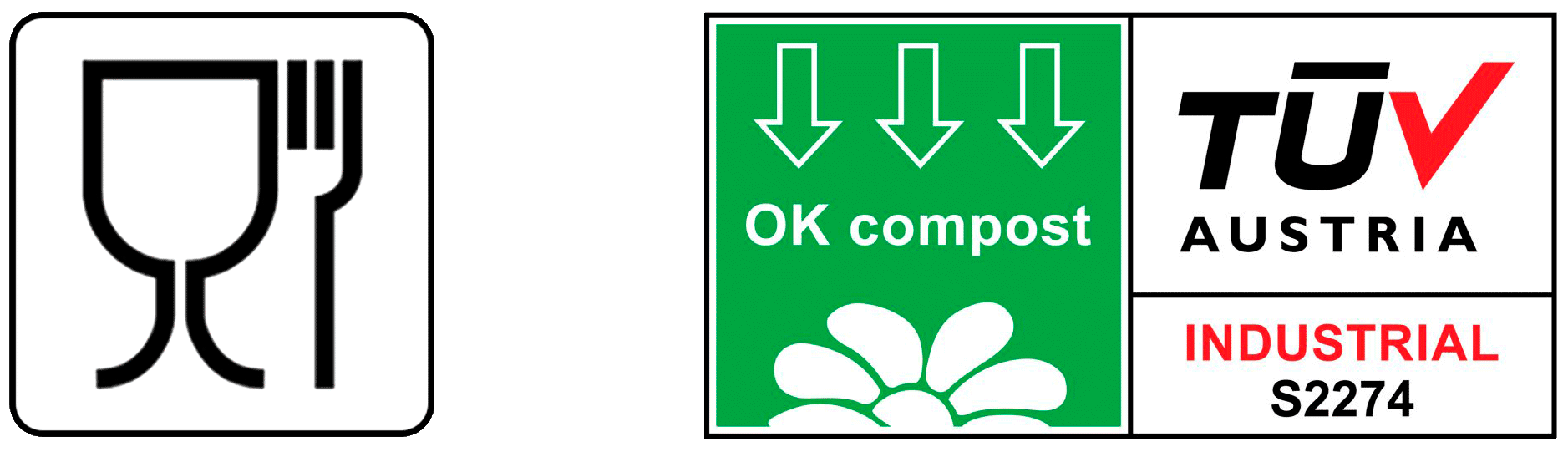 Certificado OK Compost de TÜV Austria y certificado FCA de material apto para contacto alimentario.